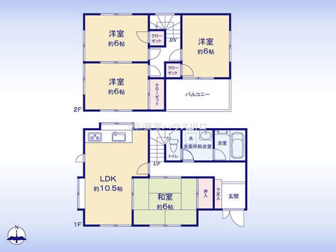 木造2階建4LDK、和室1室＆洋室3室。全居室6帖＆収納有