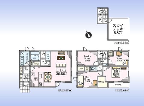 木造2階建て3SLDK＆スカイデッキ。サービスルームは部屋使用可。20.5帖のLDK。パントリー有。水廻り集中設計、家事動線らくらく。主寝室にはW.INクローゼット。各部屋に収納有。