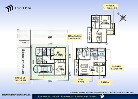 木造3階建て3SLDK。主寝室にはW.INクローゼット。水廻り集中設計、家事動線らくらく。