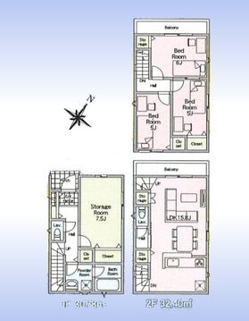 木造3階建て。サービスルームを部屋にすれば4LDKにも可。2階にLDK。対面キッチン。各部屋に収納有。