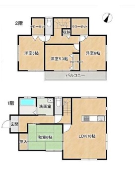 木造2階建4LDK。庭付。リビングの続き間に和室あり。洋室にW.INクローゼット。