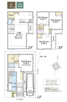 木造3階建4LDK。1階洋室にW.INクローゼット、各居室収納、パントリーあります。