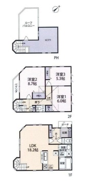 木造2階建3LDK＋ロフト、ルーフバルコニーあり。