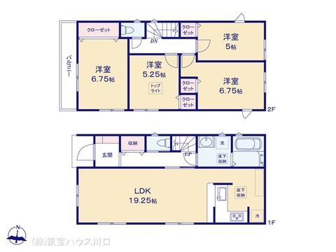 木造2階建て4LDK。19.25帖の広々LDK。水廻り集中設計、家事動線らくらく。2階に洋室4室。