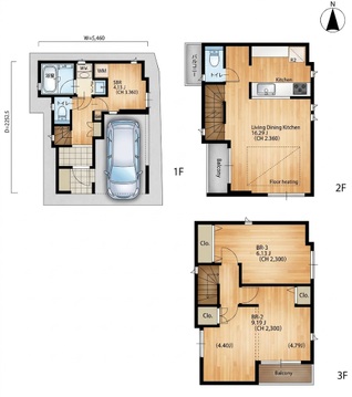 木造3階建3LDK。2階リビングは南向き、床暖房で冬もぽかぽか