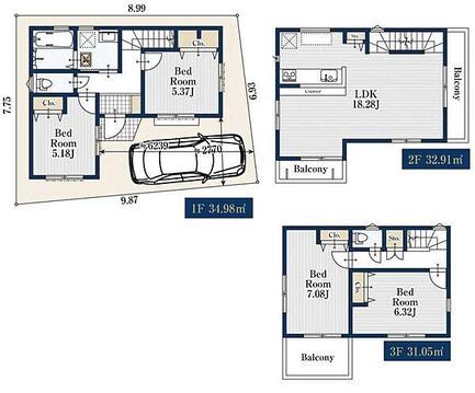 木造3階建4LDK。全居室、廊下に収納豊富。3号棟