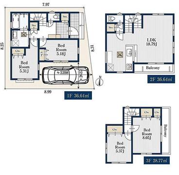 木造3階建4LDK。全居室、廊下に収納豊富。2号棟