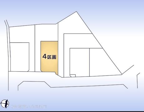区画図。南北隣地通路につき風通し良好で解放感有。