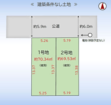 区画図・1号地。北側5.9ｍ～6ｍ公道に面す整形地・確定測量済。