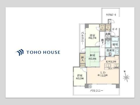 家族の成長に寄り添う3LDK+サイクルポートの間取り図です。約12.3帖の広々LDKと和室で、家族団らんの時間が豊かに。豊富な収納とスムーズな生活動線で、快適な毎日をサポートします。