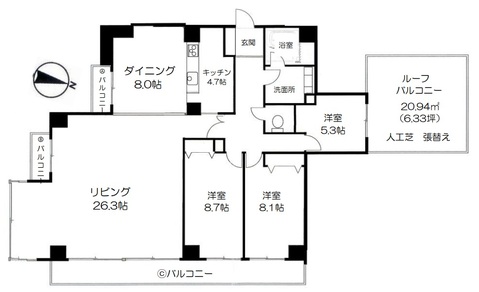 最上階住戸。南・東・北側に面する角住戸につき、陽当たり、通風良好。眺望良好