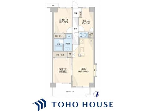 LDK約12.4帖の使いやすい3LDK。隣の洋室を開放すれば最大約18.4帖の広々空間に。全居室にクローゼットを備えた、収納豊富で暮らしやすい間取りです。