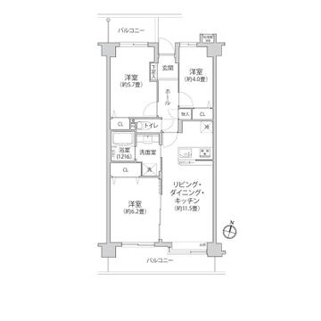 3LDK、専有面積59.61㎡、バルコニー面積12.2㎡。