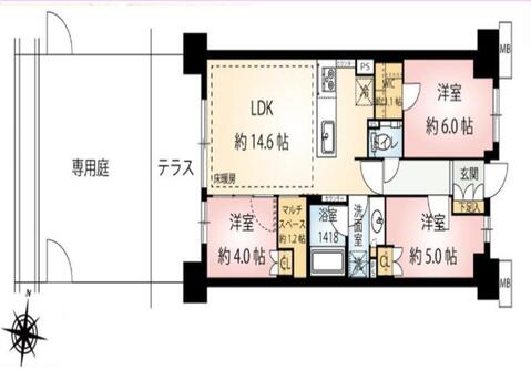 広々14.6帖のLDKは家族の笑顔が集まる場所。専用庭とテラスで外遊びも満喫でき、お子様の成長に合わせた部屋の使い方も自由自在です。