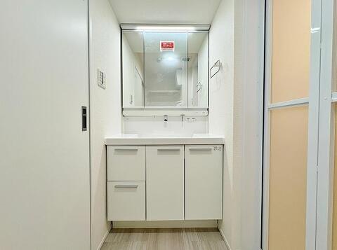清潔感あふれる洗面所は、忙しい朝の準備もスムーズに。三面鏡裏収納で家族みんなの身支度品もすっきり片付きます。