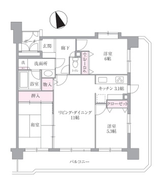 3LDK。東南、西南の続きバルコニーで通風陽当たり良好