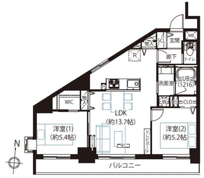 約13.7帖の広々LDKと2洋室を備えた使いやすい2LDK。WICやSIC、物入など豊富な収納設計が魅力です。全居室がバルコニーに面した明るい南向き住戸で、快適な暮らしを実現します。