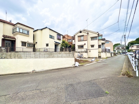 住宅街の道路沿いに立つ複数の戸建て住宅の外観です