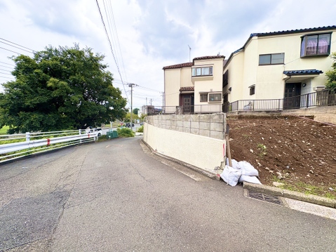 閑静な住宅街の道路沿いの土地と建物の外観