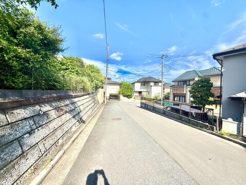 住宅街の静かな道路と周辺の街並みの様子です