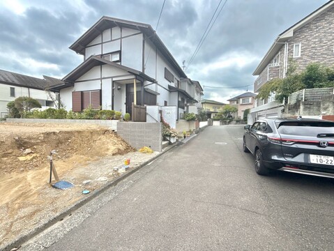 住宅街の道路沿いにある住宅と空き地の様子