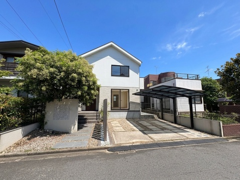 戸建て住宅の外観と門扉、前面道路