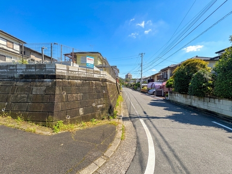 石垣沿いの住宅街の道路
