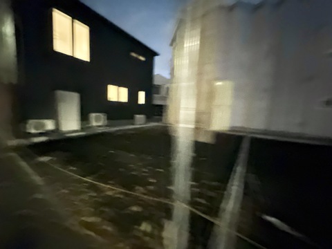 夜間の建物外観と周辺の植栽