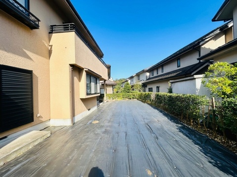 住宅に囲まれた舗装道路と戸建て住宅