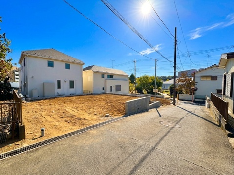 住宅街の道路と敷地内の建物を望む外観