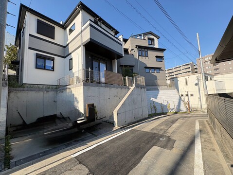 住宅街の道路沿いに建つ戸建て住宅