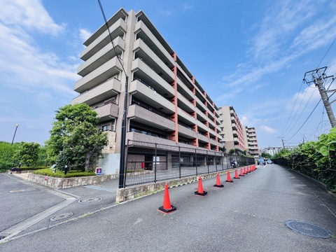 複数階建ての集合住宅の外観、道路と緑地が隣接しています