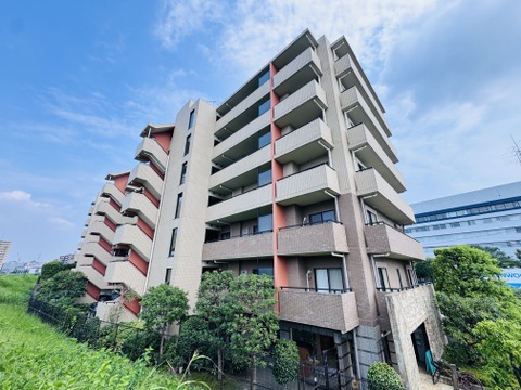 緑地に隣接した6階建てのマンション外観です