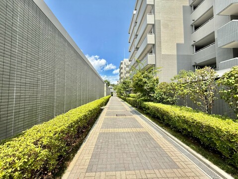 マンション隣接の歩道と植栽が整った周辺環境