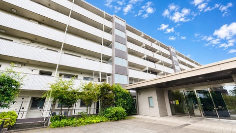 複数階建てのマンション外観とエントランス付近の様子