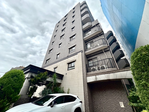 多階建ての建物の外観と駐車スペースの様子