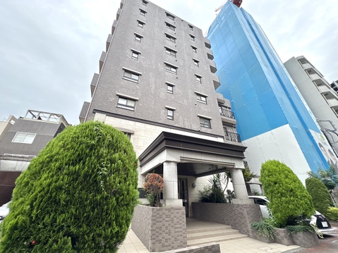 高層の集合住宅の外観、周囲に他建物が立地しています