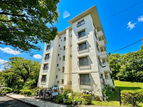 緑に囲まれた中層マンションの外観
