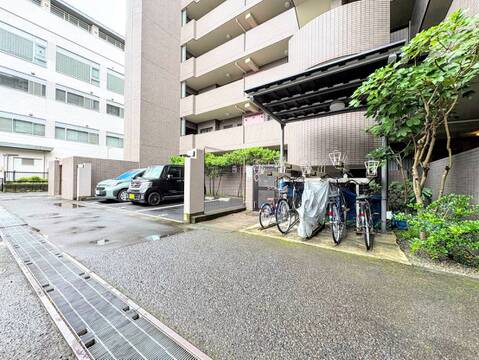 建物前の舗装された通路と植栽