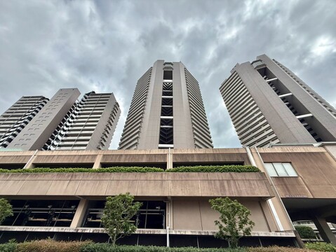 高層マンションの外観を見上げた様子