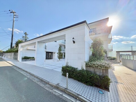 白い外壁の戸建て外観と前面道路