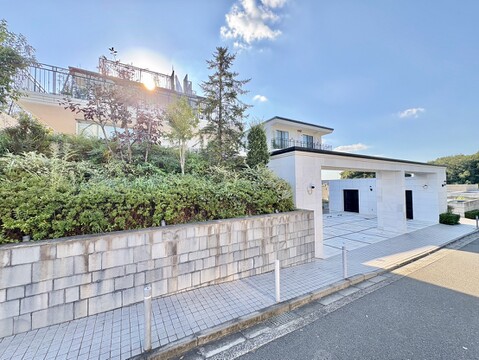 住宅外観と前面道路、植栽の様子