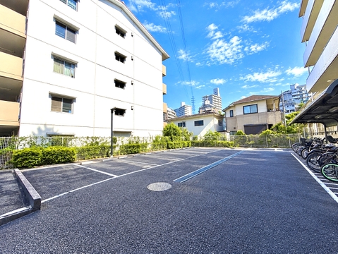舗装された敷地内の駐車スペースと周辺の建物