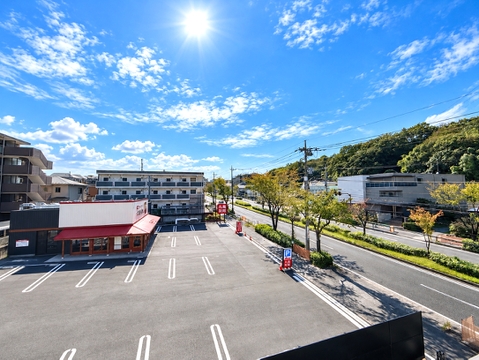 建物周辺の道路と駐車場を望む眺望