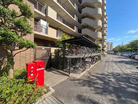 植栽のある集合住宅の外観と前面道路