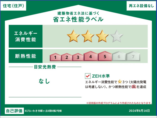 エネルギー消費性能★★★(削減率20%達成)～★★★(削減率20%達成)、断熱性能3～5段階/7段階中、本ラベルは特定の住戸の性能を示すものであり全ての住戸の性能を示すものではありません。のスライド画像