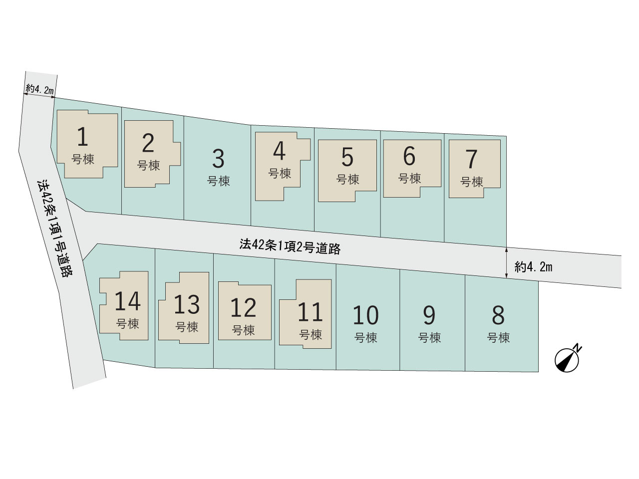 【販売中物件：1号棟、2号棟、4号棟、5号棟、6号棟、7号棟、11号棟、13号棟、14号棟】のスライド画像