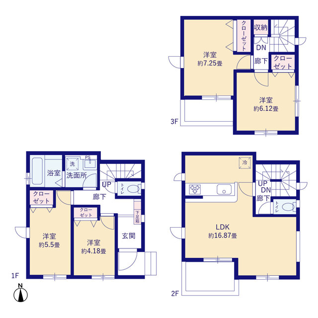 ■LDK16.87帖<br>■主寝室7.25帖<br>■3階ホール収納のスライド画像