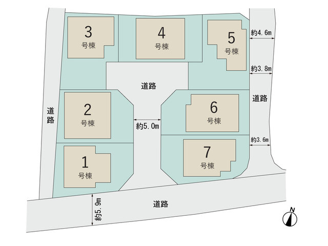 【販売中物件：1号棟、2号棟、3号棟、4号棟、5号棟、6号棟、7号棟】のスライド画像
