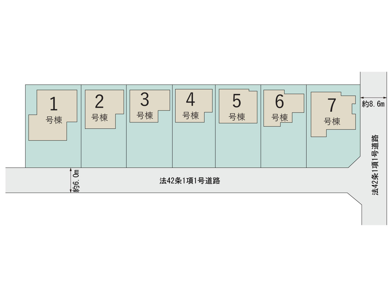 【販売中物件：1号棟、2号棟、3号棟、4号棟、5号棟、6号棟、7号棟】のスライド画像